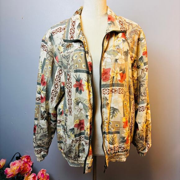 Vintage Vital Zone 100% Silk Floral Geometric Full Zip Windbreaker Jacket Med - Picture 1 of 7